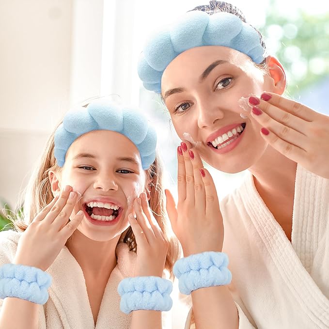 Zkptops Spa Headband for Washing Face Wristband Set Sponge Makeup Skin Care Terry Cloth Bubble Soft Get Ready Light Blue Hairband Women Girls Puffy Padded Headwear Non Slip Thick Hair Accessory