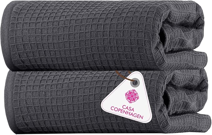 CASA COPENHAGEN Waffle 2Pcs 100% Egyptian Cotton Large Designer Bathsheet Towels Gift Set- Pine Grey, 35"x70" 2Bath Sheet Towels for Bathroom (Box Pack, Set for Women & Men)