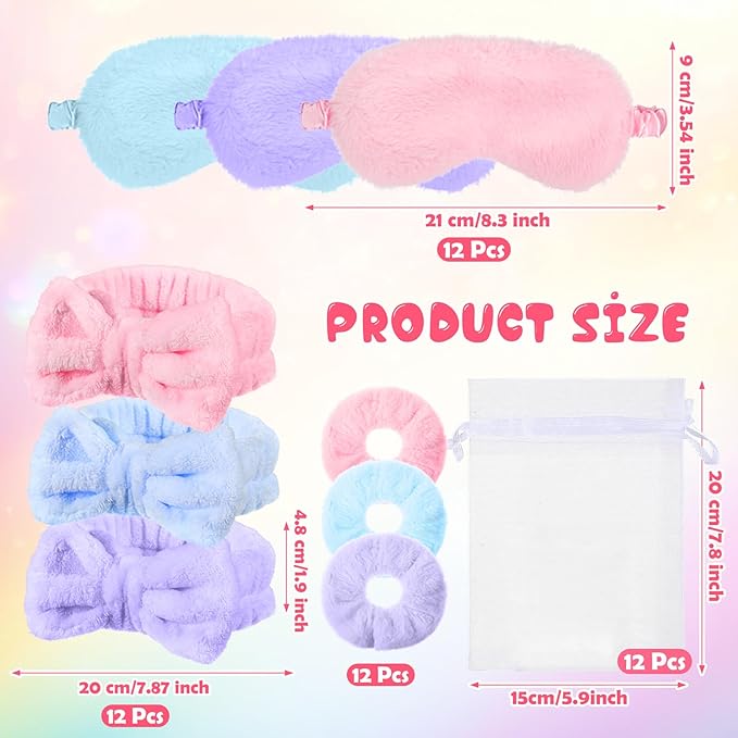 Mimorou 48 Pieces Spa Party Supplies Gift for Mother's Day 12 Spa Headband 12 Plush Sleep Eye Mask 12 Velvet Scrunchies 12 Organza Bags for Sleepover Slumber Party Graduation Gift(Pink,Blue,Purple)