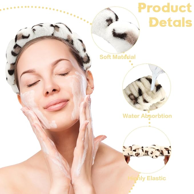 Beige Leopard Spa Headband and Wristband Set, 6 PCS Microfiber Skincare Hair Band with Bow & Cloud Design, Soft Elastic Face Washing Accessories for Makeup