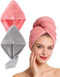 Lumimi Bath Pre Dry Hair Towel 2 Pack Quick Dry Hair Super Absorbent Lightweight Turban with Button Hair Drying Wrap Shower Wellness, Red Grey