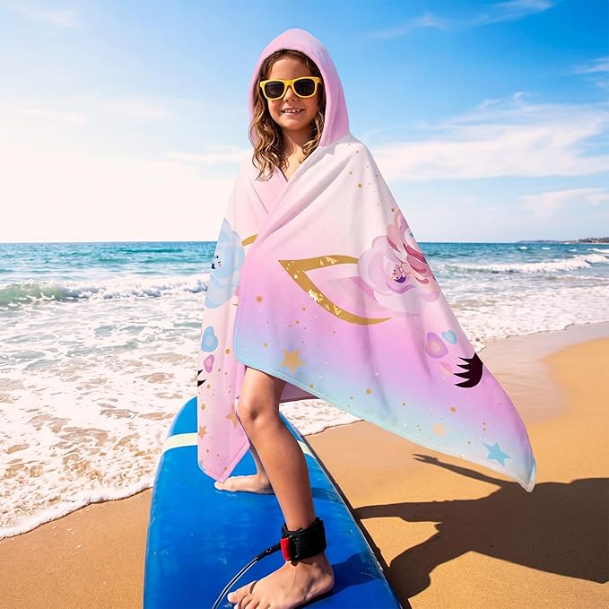Peryiter 1 Pcs Unicorn Hooded Bath and Beach Towel 100% Cotton Pool Towels Wearable Bath Poncho Wrap for Swimming Shower Pool Travel Trips Vacations Absorbent Soft Cozy Beach Blanket