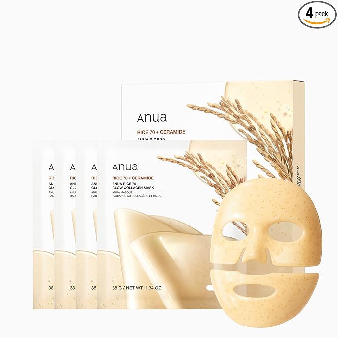 ANUA Rice 70 Glow Collagen Mask, Overnight Face Mask for Glass Skin, Ceramide, Collagen Facial Mask, Skin Moisture Barrier, Tightening Care, Natural Color, Korean Skincare, 1.34 oz/4ea