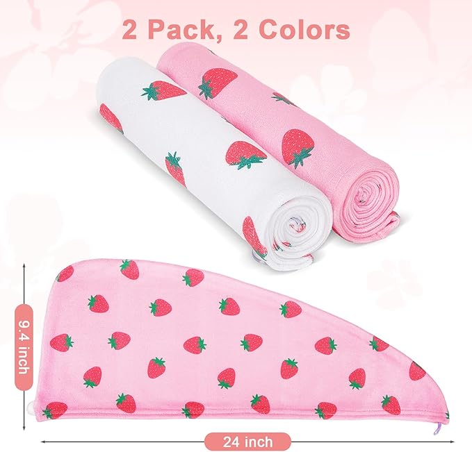 Unicorn Castle Microfiber Hair Towel for Kids 2Pack Hair Wrap Towels Absorbent Hair Drying Towel Wrap Hair Turbans for Curly Thick Hair, Pink White Strawberry