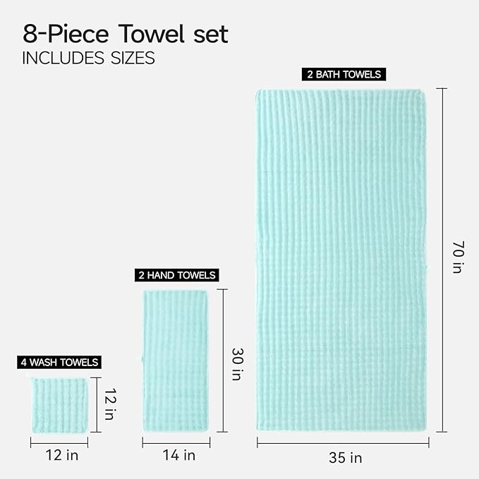 REDKISS 8-Piece Soft Bath Towel Sets, Extra Large 2 Bath Sheet (35×70 in), 2 Hand Towel, 4 Washcloth, Microfiber Quick Dry & Absorbent, Aqua Towels for Bathroom