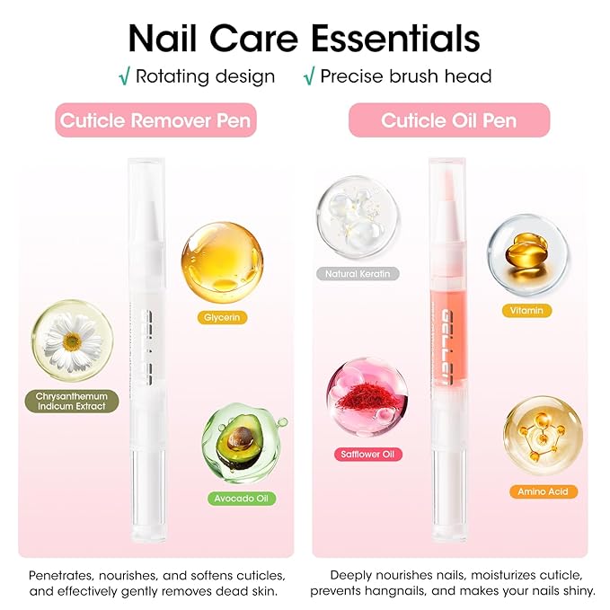 Gellen Nail Care Kit Manicure Tools Kit: Nail Strengthener and 2Pcs Nail File & Buffer 100/180, Cuticle Pusher Pen, Cuticle Oil & Remover, Fork | Nail Clipper & Brush