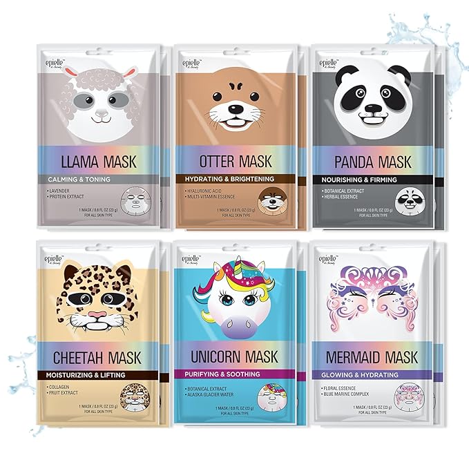 Epielle Character Face Mask Mystical Safari 12 Pack, Fun & Effective Korean Skin Care, Spa Party Favors, Mothers Day Gifts, Birthday Gifts for Women, Self Care Gifts