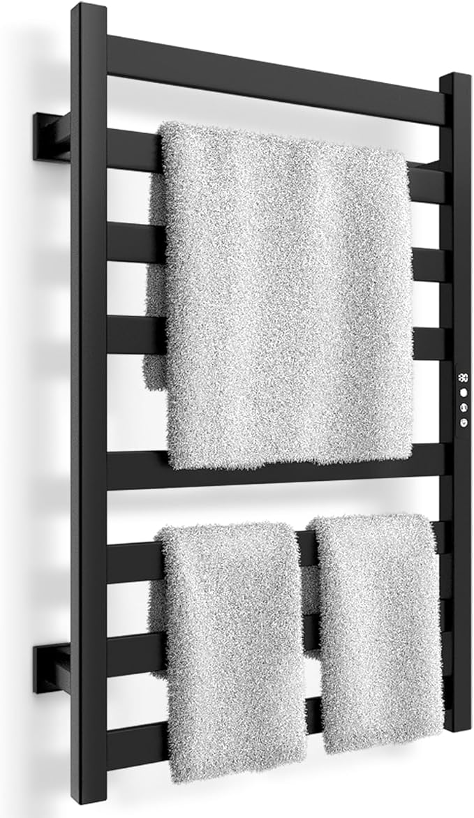 Towel Warmer, Towel Heater Rack for Bathroom, 8-bar Electric Towel Dryer Wall-Mounted Plug-in Bath Heater, 201 Stainless Steel Hot Towel Rack with Timer and Smart Temperature Control