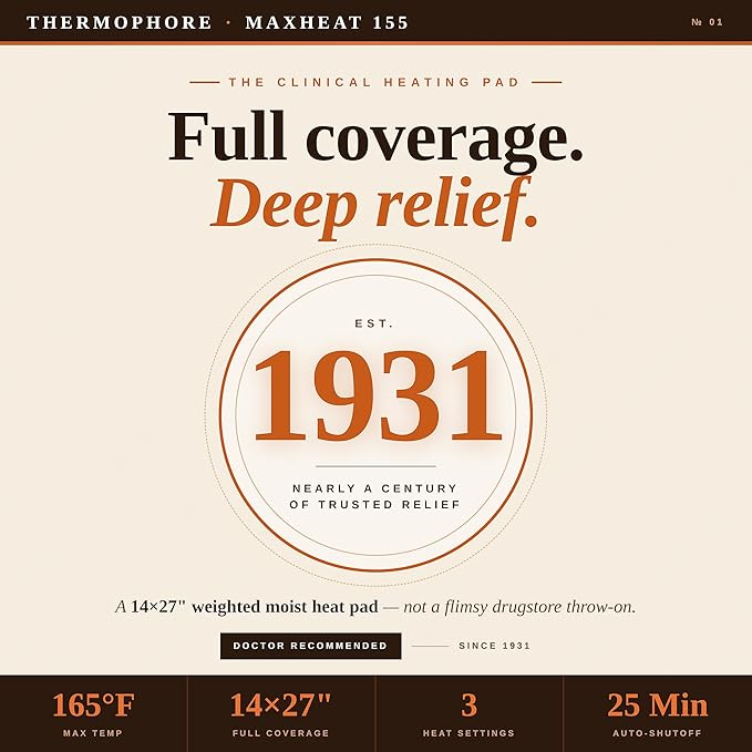 Thermophore MaxHEAT Automatic Moist Heating Pack Model 155 – Large 14" x 27" XL Heating Pad, Deep Moist Heat Therapy for Muscle, Back & Joint Pain Relief, Electric, Heavy Weighted Design