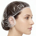 Qianyu 100 PCS Disposable Shower Caps and 100 PCS Earmuffs, Clear Plastic Hair Cap Thick Elastic Waterproof Bath Caps for Women Men Bathing Hair Treatment Home Spa Hotel Travel Beauty Salon
