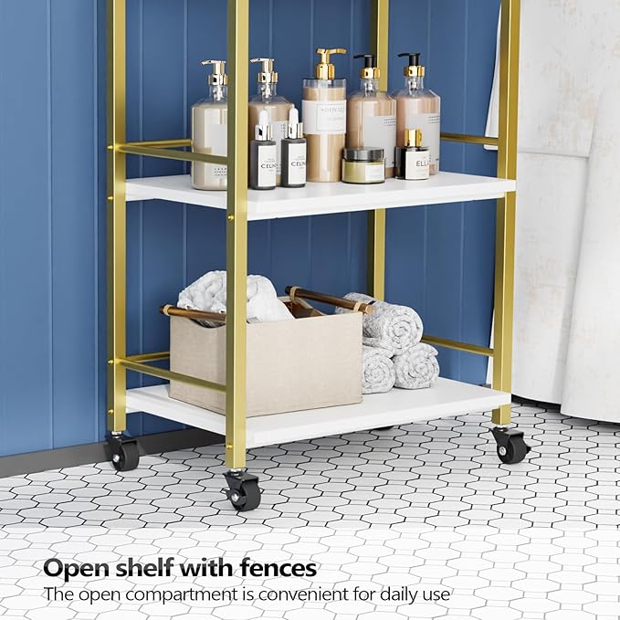 OmySalon Salon Trolley Cart with Wheels, Esthetician Cart with 1 Drawer & 2 Trays, Mobile Storage Organizer for Beauty Spa Massage Tattoo Esthetic Facial Tool Holder Station, White Gold