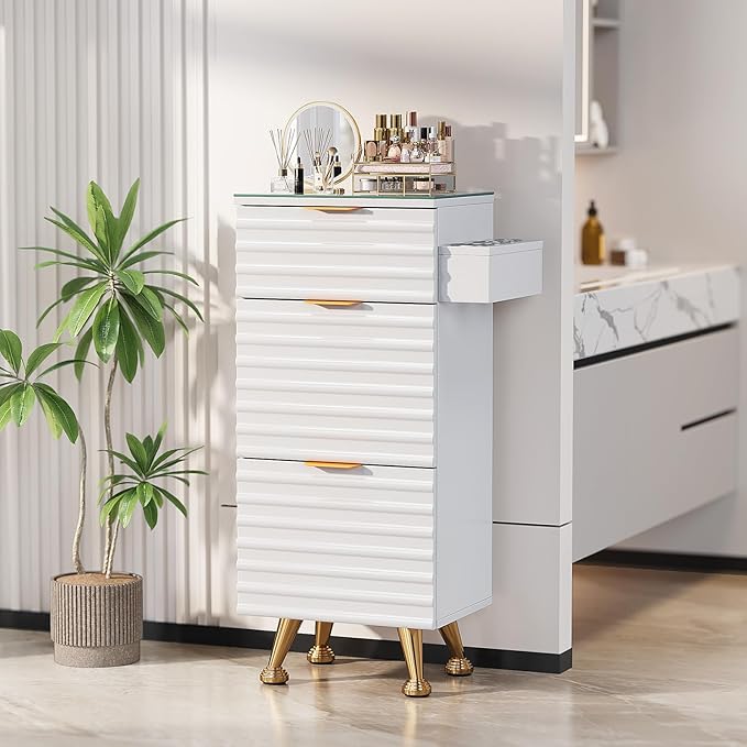 OmySalon Salon Stations for Hair Stylist, Barber Station with Glass Top & Drawers & Hot Tool Holder, Salon Storage Cabinet Hair Organizer Equipment for Beauty Spa, White