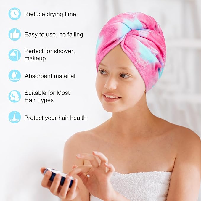 Basumee Microfiber Hair Towel Wrap for Kids 2 Pack Rapid Drying Hair Towel with Button Hair Turbans for Wet Hair Wraps Head Towel Wrap for Women and Girls