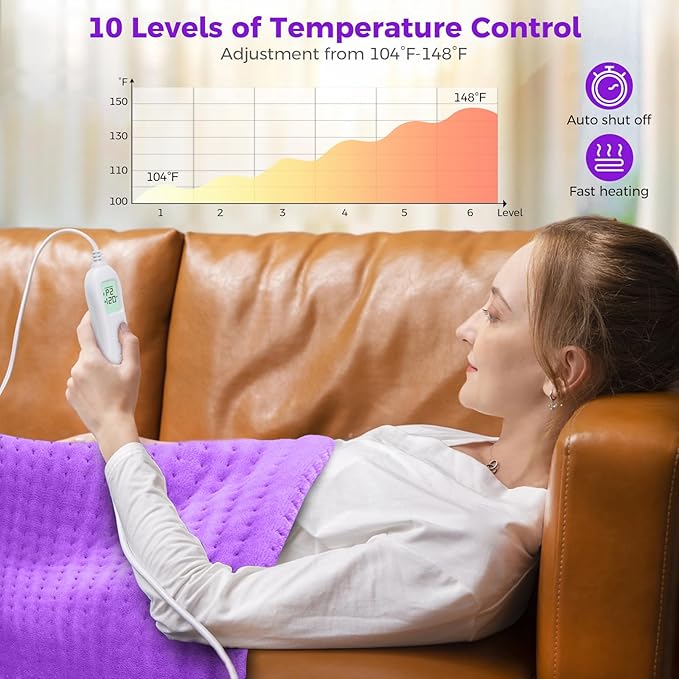 NOWWISH Heating Pad for Back Pain Relief & Period Cramps, 33x17 Inches Large Electric Heating Pad with 10 Heat Settings, Timer & Auto Shut-Off, Machine Washable, Mothers Day Gifts for Mom, Purple