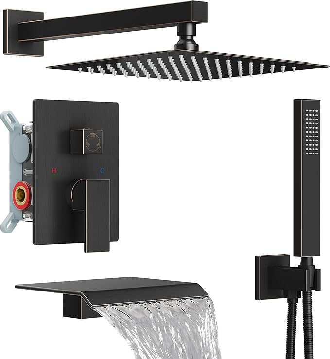 Midanya Shower System with Tub Spout,Bathtub Shower Faucet Set with Square Rainfall Head and Handheld Sprayer Wall Mount Tub Faucet Set with Valve and Trim Kit,10 Inch Oil Rubbed Bronze