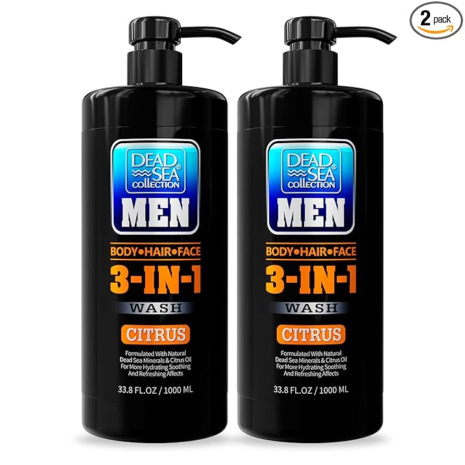 Dead Sea Collection Mens Body Wash 3 in 1 – Citrus Body Wash for Men – Shower Gel – Shampoo – Shower Soap for Face and Hair – Pack of 2 Bottles (33.8 Fl. Oz. Each)