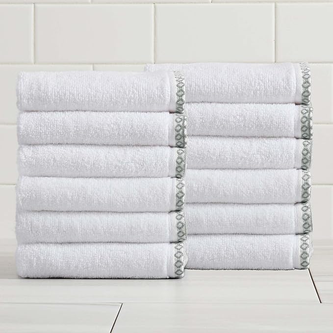 Great Bay Home White/Green Washcloth Set - Ultra-Soft Cotton, Boho-Chic Border Design - 12 Washcloths (13" x 13") - Absorbent, Quick-Dry, Lightweight Bathroom Towels