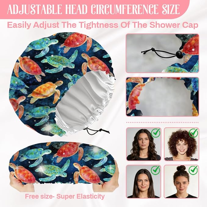 Sea Turtle Reusable Shower Cap Ocean Double Layer Waterproof Shower Caps Large Elastic Hair Cover Adjustable Hair - Drying Caps for Woman Man Bath SPA Travel One Size Fits Most