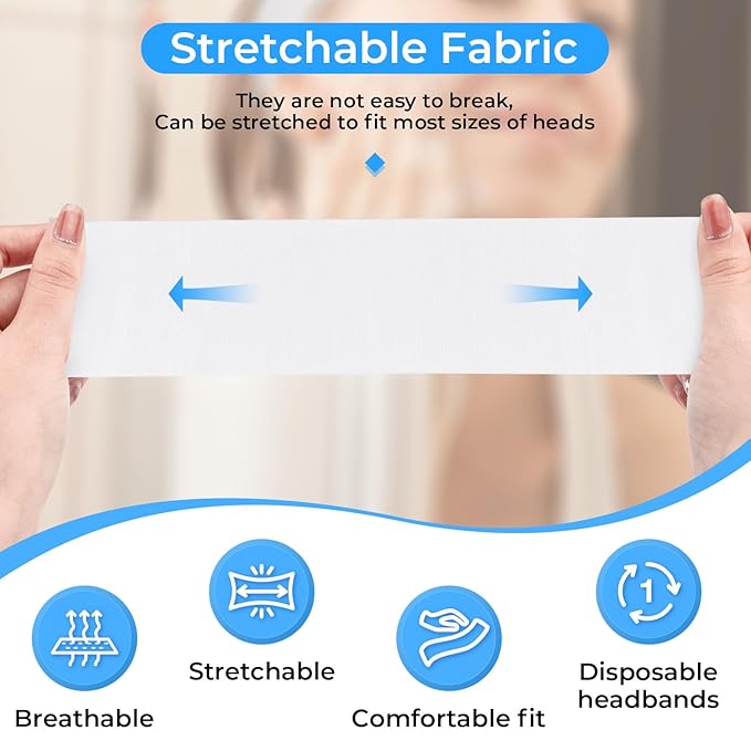 Noverlife 100PCS Disposable Spa Facial Headbands, Elastic Headband Wrap with Adjustable Magic Tape, Stretch Non-Woven Facial Bandeau, Soft Skin Care Essential Headband with Convenient Closure