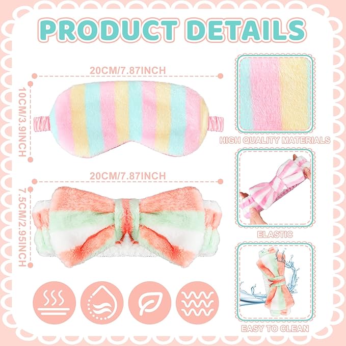Xuhal 24 Pcs Spa Sleepover Party Favors Supplies Plush Headband and Eye Mask for Women Soft Makeup Washing Face Sleep Hair Bands for Girl Gift Birthday Stuff(Dots and Stripes)