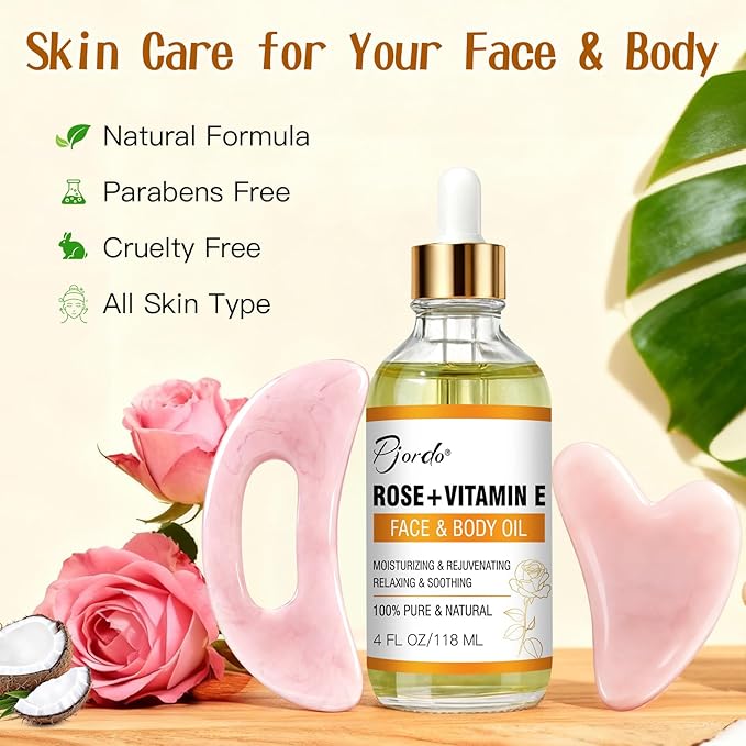 Pjordo Vitamin E Rose Oil & Gua Sha Massage Tools Set, Gua Sha Oil for Face & Body, Organic Vitamin E Oil for Moisturizing and Hydrating, Anti Aging, Self Skin Care Gifts for Her Women