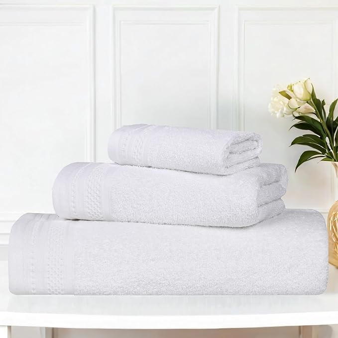 Superior Honeycomb Cotton Medium Weight Towels, for Guest Bath, Master Bathroom, Shower, Quick Dry, Adults, Home Essentials, Textured Waffle Border, Assorted Towel Set, 3 Piece Towel Set, White
