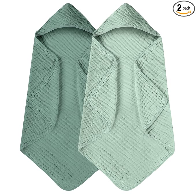 Yoofoss Hooded Baby Towels for Newborn 2 Pack 100% Muslin Organic Cotton Baby Bath Towel with Hood for Babies, Infant, Toddler and Kids, 32x32Inch, Soft and Absorbent Newborn Essential, Gradient Green