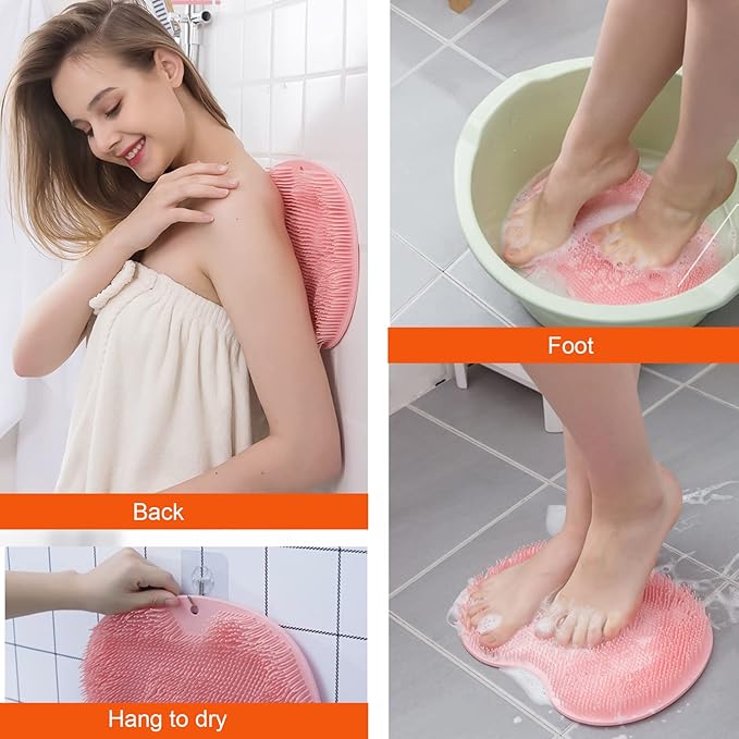 2 Pack Shower Back & Foot Scrubber, Wall Mounted Back Scrubber Silicone Bath Massage Cushion Brush with Suction Cups, Bathroom Wash Mat Exfoliating Dead Skin Brush (L-Blue Grey)