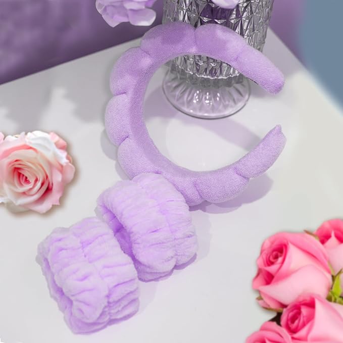 Beleki Spa Headband for Washing and Wristband Set Sponge Headband Women Face Wash Makeup Skincare Non Slip Puffy Headwear Thick Hair Accessories for Women Girls, Purple