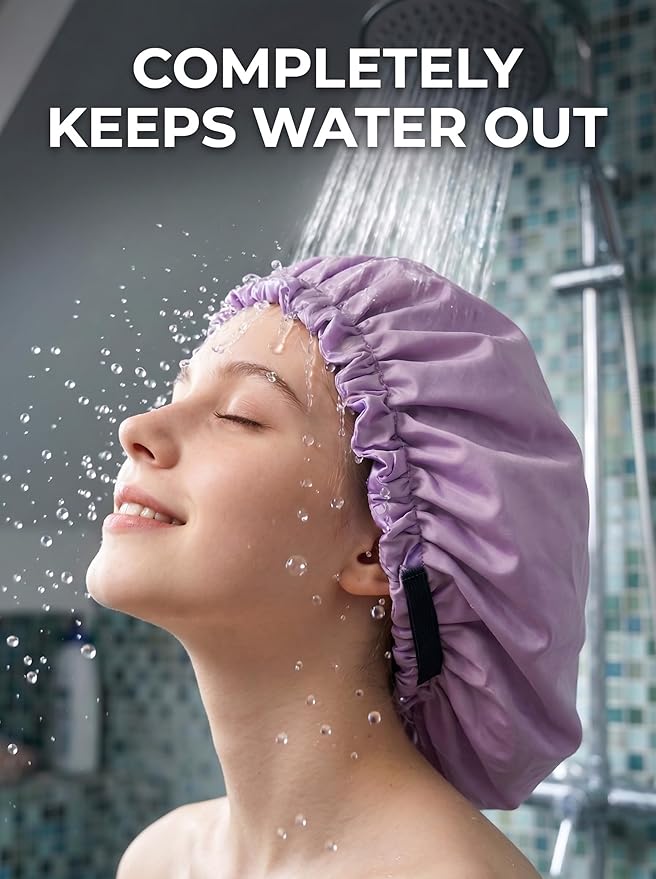 Aquior Shower Cap,Extra Adjustable Shower Caps for Women Double-Layer Waterproof Reusable Hair Cap, Large Size Hair Cap for All Hair,for Girls Spa Bath,Soft and Comfortable (Purple)