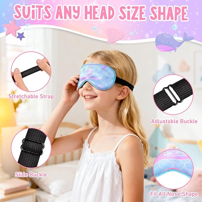 OlyPegic 2 Pcs Kids Sleep Mask Girls Silk Eye Mask Sleeping with Adjustable Strap Soft Lightweight Kids Eye Cover Mask Blindfold Shade Light Blocking Travel and Home Use Girls Teens Rainbow Unicorn