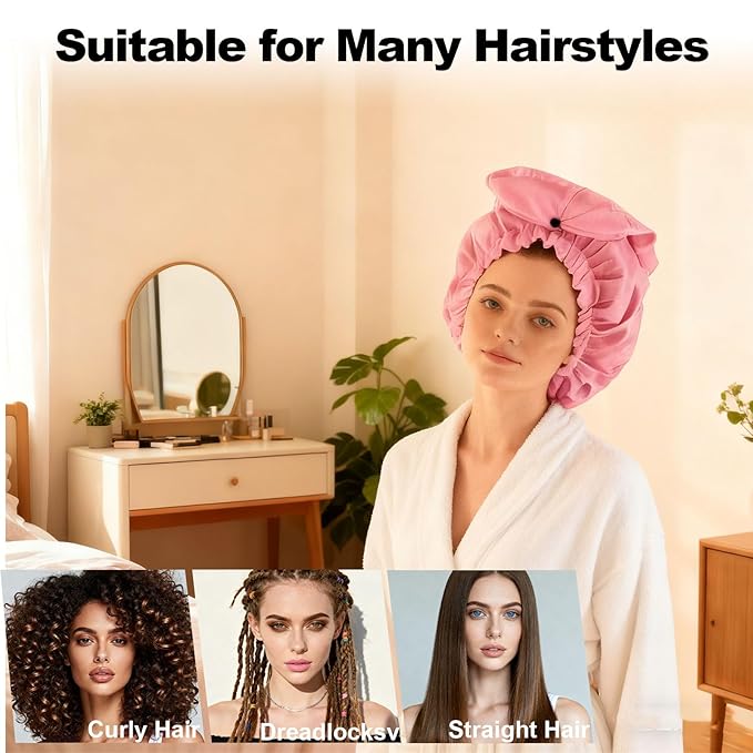 ELEBOX Extra Large Shower Cap for Braids/Curly Hair/Dreadlock | Reusable Waterproof Long Bonnets for Women Bath/Swim/Cooking/Cleaning/Spa | XL Bathing Cap with Adjustable Drawstring & Button, Pink