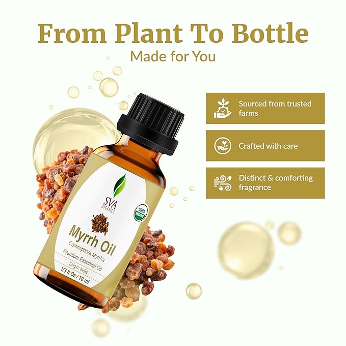 SVA Myrrh Essential Oil Organic – 1/3 Fl Oz – 100% Natural Organic Myrrh Oil - for Diffuser, Hair Care, Face, Skin Care, Aromatherapy, Scalp and Body Massage, Soap and Candle Making