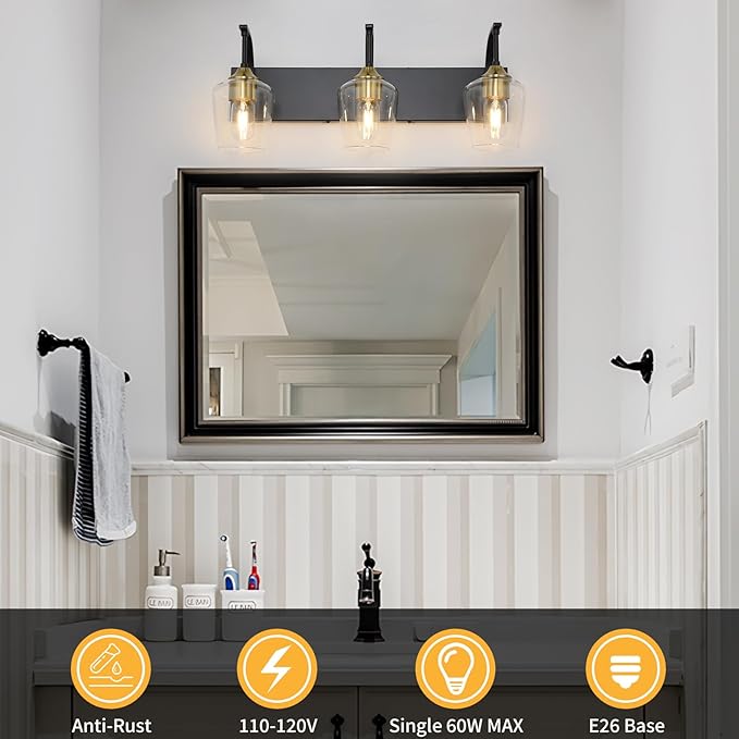 Black 3-Light Vanity Light with Clear Glass Shades, 23.62'' Industrial Black Gold Bathroom Wall Lights for Bedroom Hallway Living Room Kitchen