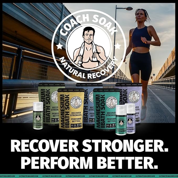 Coach Soak Recovery Bath Soak & Magnesium Cream - Bath Salt Eucalyptus (3 lb) & Magnesium Lotion Peppermint (3.4 oz) - Natural Recovery Cream & Fast-Absorbing Pure Flakes for Relaxing Muscle Support