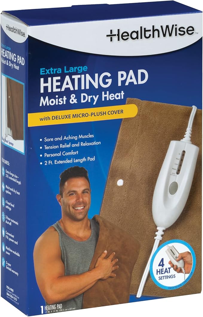 HealthWise Deluxe Extra Large 12” x 24” Heating Pad with Moist & Dry Heat | Four-Heat Settings | Soothing Warm Relief