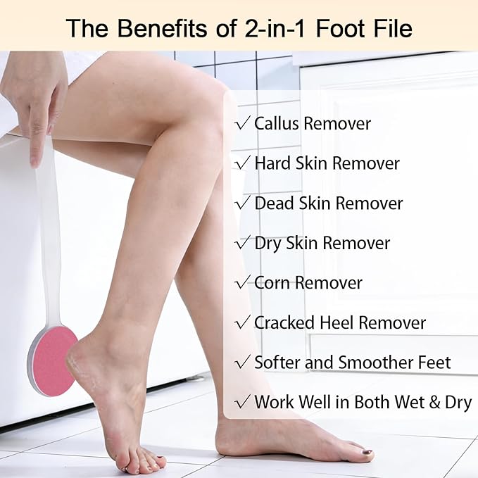 2Pcs Foot File Callus Remover 13.7" Long Handle, 2-in-1 Foot Scrubber with Coarse and Fine Sand Paper Pedicure Tool for Cracked Heels, Dry & Dead Skin, Soft Smooth Feet, Clear White