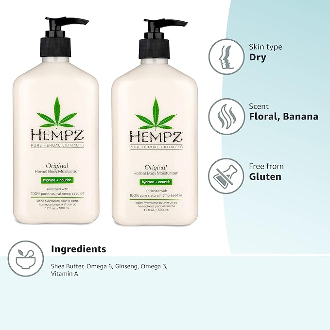 Hempz Original, Natural Hemp Seed Oil Body Moisturizer with Shea Butter & Ginseng, Pure Herbal Skin Lotion for Dryness, Nourishing Vegan Cream, Floral and Banana, 17 Fl Oz, (Pack of 4)