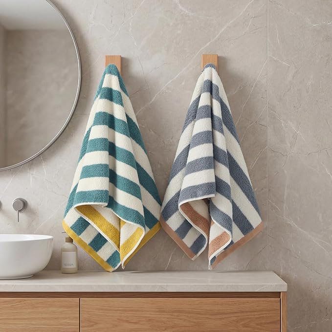 REDKISS 2-Pack Luxury Hand Towels for Bathroom - 12 x 28 Inches 100% Cotton Towels, Ultra Soft and Highly Absorbent Striped Hand Towel for Bath, Gym, Hotel, Kitchen and Spa, Gray-Green