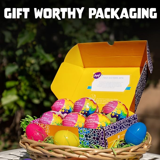 Easter Bath Bombs for Kids with Surprise Toys Inside (6 Pack) - Kids Easter Basket Stuffers for Boys and Girls - Large Spring Bubble Bomb, Incredible Fragrances & Colors, USA Made by Two Sisters