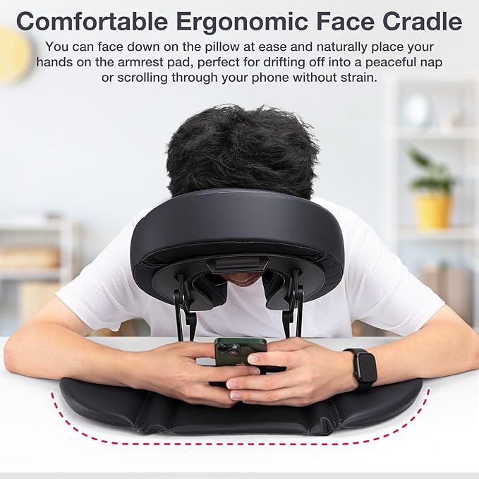 Massage Face Cradle Cushion with Hand Rest Pad, Multifunctional Adjustable Face Down Tabletop Massage Kit for Office Desk & Spa Table Bed, Portable Ergonomic Memory Foam Face Headrest Pillow - Black