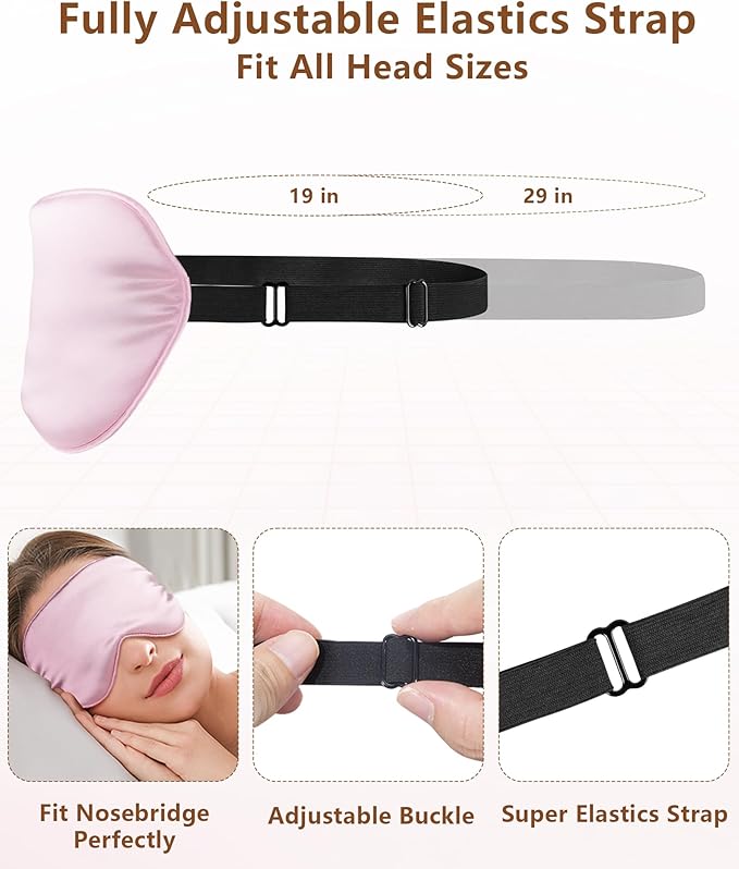 Silk Sleep Mask for Women - 100% Blackout, Super Soft Eye Mask for Side Sleepers, Sleeping Mask with Adjustable Strap, Pink Scrunchies for Women, with Travel Pouch