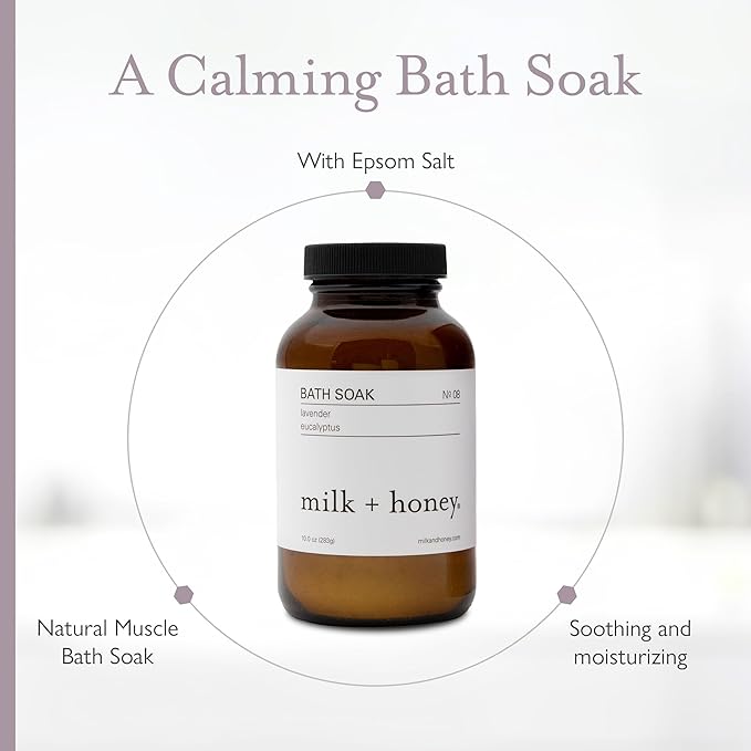Milk + Honey Calming Bath Soak No. 8 – Moisturizing Epsom Salt with Lavender & Eucalyptus – Relaxing Aromatherapy Soak for Sore Muscles, Dry Skin & Stress Relief – 10 oz