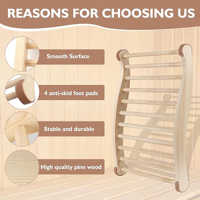Sauna Backrest Sauna Accessories Wooden Slip-Resistant Non-Toxic Comfortable S-Shape Design Sauna Chair with Back, Sauna Accessories for Any Barrel or Infrared Sauna