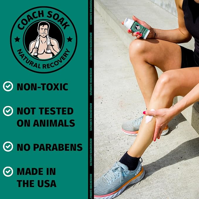 Coach Soak Magnesium Lotion with MSM - Magnesium Chloride & Menthol - Non-Greasy Alternative to Epsom Salt Lotion and Cream - Apply Before Sleep for Feet, Leg Cramps & Body - Cooling Menthol 3.4oz