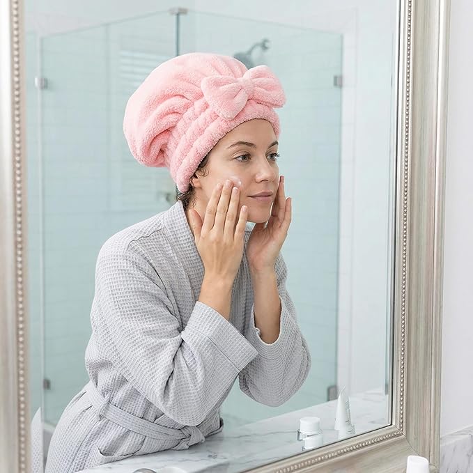 Microfiber Hair Drying Cap,4pcs Quick Dry Hair Towel Wrap, Super Absorbent Hair Turban with Bow Design, Soft Shower Head Wrap for Women,Cute Bow Hair Towel Girls Hair Towel ，Anti frizz ，Travel