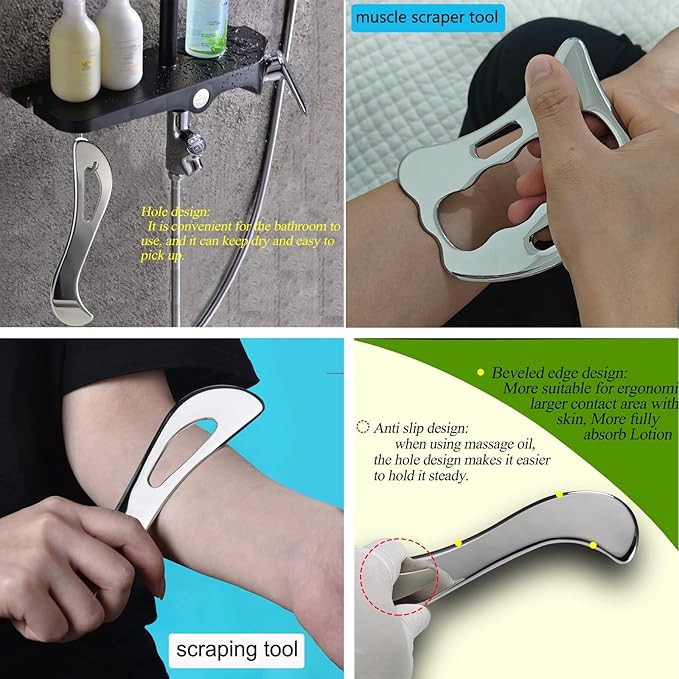 Muscle Scraper Tool Set, Stainless Steel IASTM Tools, 4 Piece, for Physical Therapy and Pressure Point Trigger Point Massage Tool for deep Tissue Pain Relief