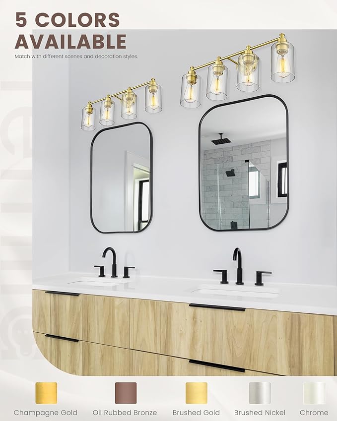 FEMILA Vanity Lights for Bathroom, Modern 4-Light Gold Bathroom Light Fixture, Wall Vanity Lamp with Champagne Gold Finish, 4FYC56B-4W BG