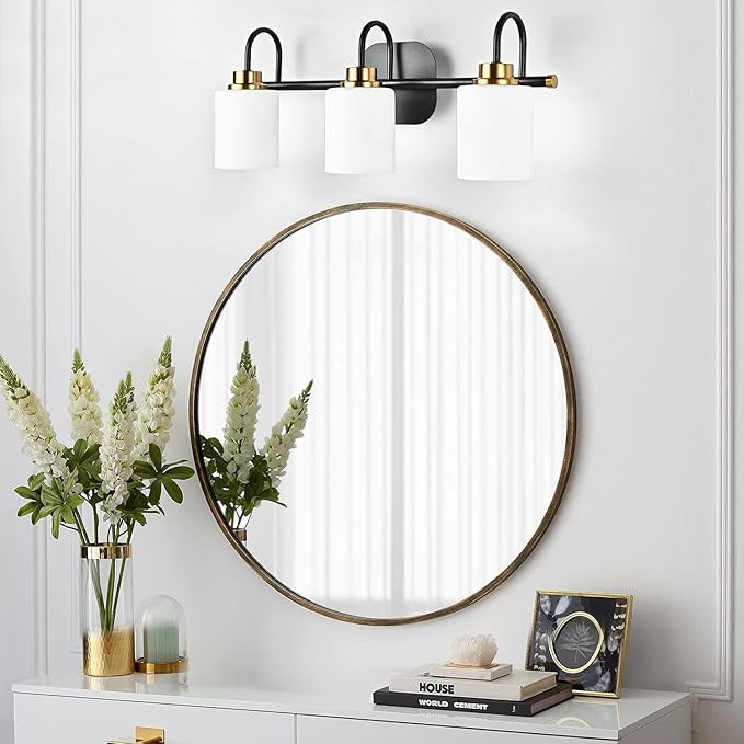 Mid Century Modern Matte Black and Gold 3 Lights Milky Glass Wall Light Fixture for Bathroom Modern Bathroom Vanity Lights Over Mirror(Exclude E26 Bulb)