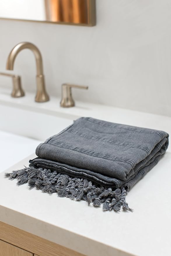 InfuseZen Stonewashed Turkish Bath & Beach Towel –100% Organic Turkish Cotton - Soft, Lightweight, Absorbent - Quick Dry, Sand Free - Swim, Pool, Shower, Travel - Peshtemal, Hammam Spa Towel - Black